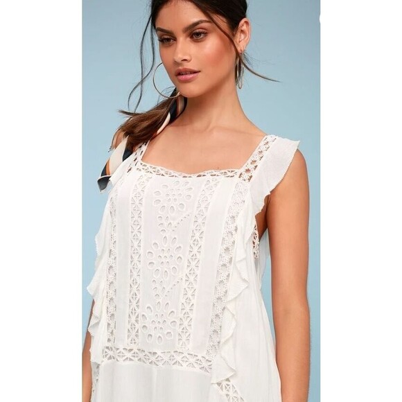 Free People Mini Dress White Crochet Priscilla Ruffled Womens Size M - Picture 4 of 12